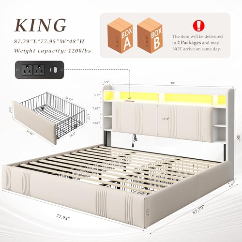 EnHomee King Size Bed Frame with 4 Storage Drawers, Upholstered Platform King Bed Frame with Headboard & LED Lights & Charging Station, Noise Free, No Box Spring Needed, Beige EnHomee