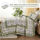 DJY Floral Quilt Set King Size, Green Brown Flower Pattern Quilts King Bedspread Coverlet Set with 2 Pillowcases, Soft Lightweight Microfiber Bedding for All Season (90"x110") DJY