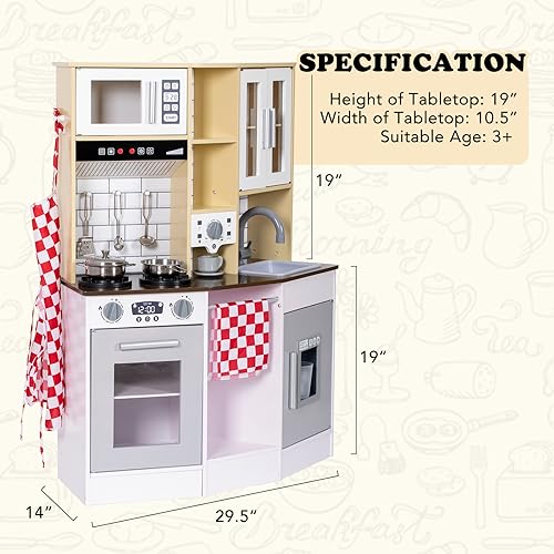 BRINJOY Kitchen Playset for Kids, Wooden Toddler Play Kitchen w/Faucet, Sink, Microwave, Oven, Apron, Cabinets, Children Pretend Play Cooking Toy Set w/Sound & Light, Gift for Girls Boys Age 3+ BRINJOY