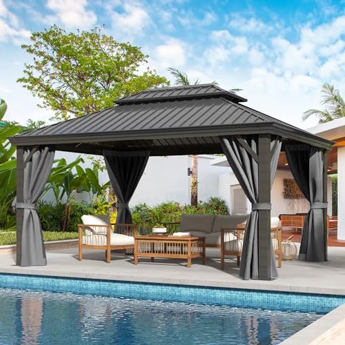 DWVO 12x16ft Hardtop Gazebo Double Roof with Nettings and Curtains, Heavy Duty Galvanized Steel Outdoor Vertical Stripes Roof for Patio, Backyard, Deck, Lawns, Gray - WoodArtSupply