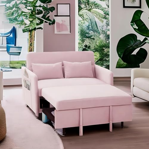 Anwick Modern Velvet 3 in 1 Sleeper Sofa Bed,Convertible Folding Futon Sofa Pull Out Couch Bed with 3 Reclining Backrests,Pillows,54" Small Love Seat for Compact Living Room Office (Pink, 54") Anwick