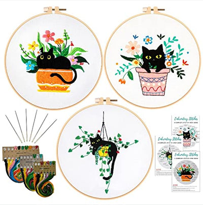 Nuberlic 3 Sets Cute Cat Embroidery Kit for Adults Beginners, Stamped Cross Stitch Starter Kits Include Needlepoint Cloth Hoops Needles Threads and Instruction
