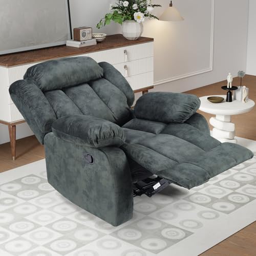 INZOY Manual Recliner Chair with Padded Armrest, Wall-Hugger Single Sofa Recliners with Overstuffed Back, Classical Fabric Reclining Chairs for Living Room Theater Seating, Grey