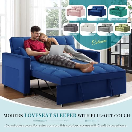 Antetek 3 in 1 Convertible Sleeper Sofa Bed, Modern Velvet Loveseat Futon Couch w/Pullout Bed, Small Love Seat Lounge Sofa w/Reclining Backrest, Toss Pillows, Pockets, Furniture for Living Room, Blue Antetek