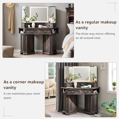 T4TREAM Makeup Vanity Desk 48" with 3 Way Mirror and Lights, Large Farmhouse Corner Vanity Dressing Table with Glass Top & Charging Station, 3 Drawers & 2 Storage Cabinets, Dark Rustic Oak T4TREAM