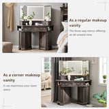 T4TREAM Makeup Vanity Desk 48" with 3 Way Mirror and Lights, Large Farmhouse Corner Vanity Dressing Table with Glass Top & Charging Station, 3 Drawers & 2 Storage Cabinets, Dark Rustic Oak T4TREAM