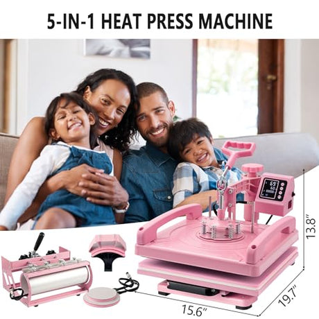 Leomru 5 in 1 Heat Press Machine 15x15 Inch, Heat Press Machine for T Shirts Hat Cap Mug Plate 360° Swing Away, Sublimation Heat Press Heat Transfer Machine W/ 30OZ Tumbler Press Pink Leomru
