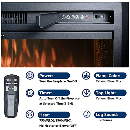 Velaychimney Electric Fireplace Insert, 36 Inches Recessed Fireplace Heater with Adjustable Flame and Top Light Colors, Fire Crackling Sound, Remote Control, Timer, 750W/1500W, Black Velaychimney