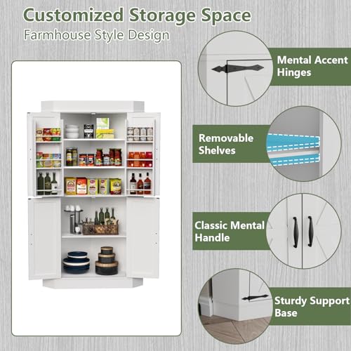 Gyfimoie Corner Cabinet,Kitchen Pantry Storage Cabinet,Freestanding Buffet Hutch with 4 Doors and Shelves,Tall Food Pantry Farmhouse Furniture with Side Rack for Kitchen Dining Room (White) Gyfimoie