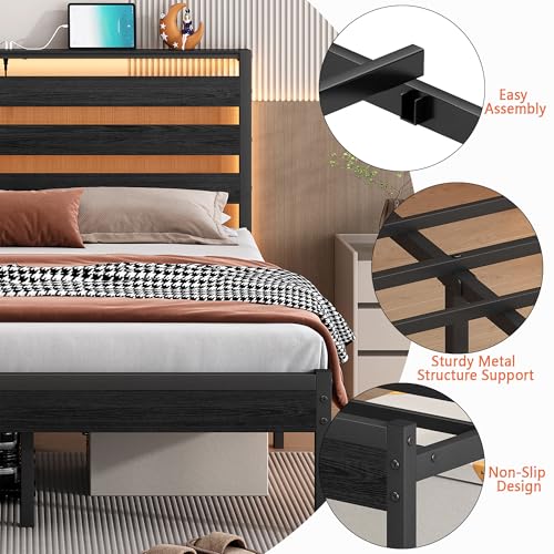 CLIBFENG Bed Frame Twin Size with USB Charging Station, LED Bed Frame with Wood Storage Headboard, Black Metal Platform Bed with Under Bed Storage, No Box Spring Needed, Noise Free CLIBFENG