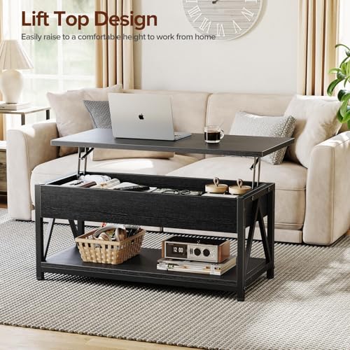 Memobarco Lift Top Coffee Table,Lift Coffee Table with Storage Shelf and Large Hidden Compartment for Living Room,Lifting top Coffee Table for Small Space,Black - WoodArtSupply