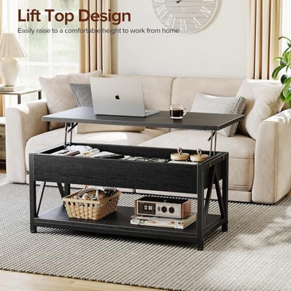 Memobarco Lift Top Coffee Table,Lift Coffee Table with Storage Shelf and Large Hidden Compartment for Living Room,Lifting top Coffee Table for Small Space,Black - WoodArtSupply