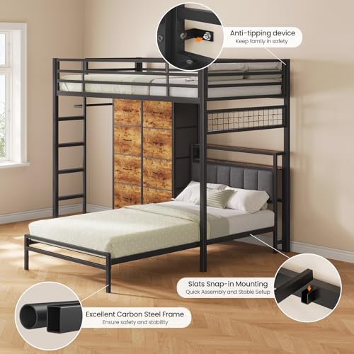 Twin Over Twin Bunk Bed with 8 Storage Drawers, Upholstered Storage Headboard, Charging Station and LED Lights, Heavy-Duty Metal Bunk Bed with Safety Guardrail & Ladder, Twin Bunk Beds for Kids, Teens mojiasion
