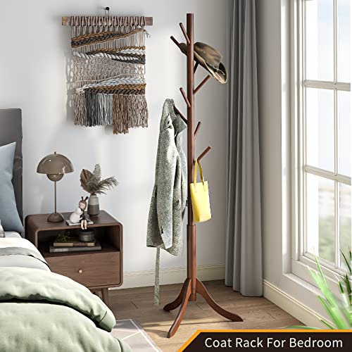 Coatrack 8 Standing Bamboo Coat Rack Hat Hanger 8 Hook for Jacket, Purse, Scarf Rack, Umbrella Tree Stand (Brown)