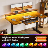 OffiGo U Shaped Electric Standing Desk with Keyboard Tray, 55 Inch Height Adjustable Desk with Power Outlets & LED Lights, Sit Stand Table with Monitor Stand for Home, Office, Rustic Brown OffiGo