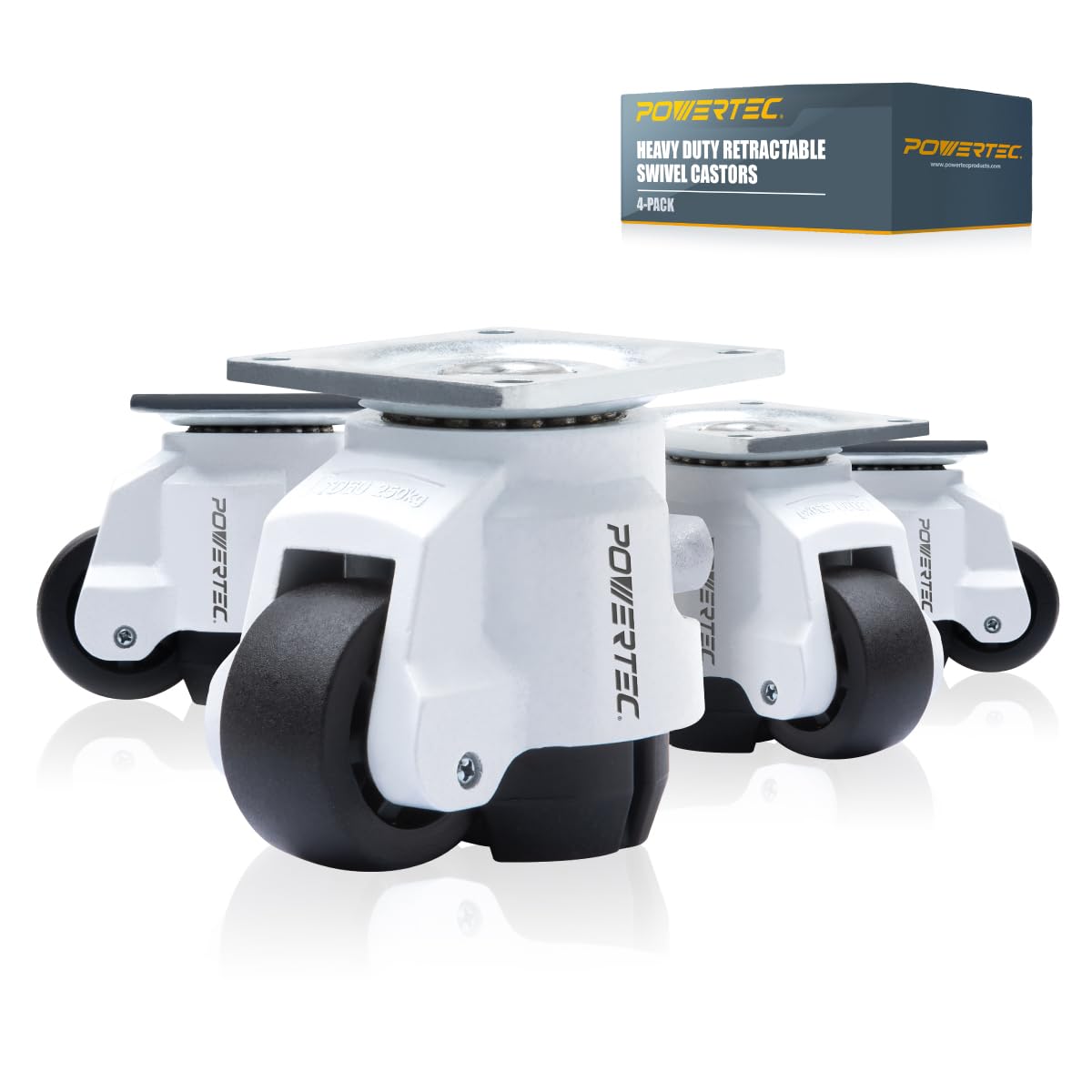 POWERTEC 17300 2-Inch Leveling Casters Set of 4 | Heavy Duty with Adjustable Ratcheting Handles | Retractable and Swivel Castors 4 PK POWERTEC