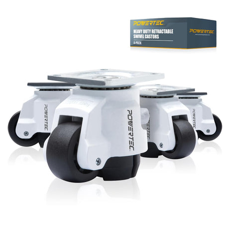 POWERTEC 17300 2-Inch Leveling Casters Set of 4 | Heavy Duty with Adjustable Ratcheting Handles | Retractable and Swivel Castors 4 PK POWERTEC