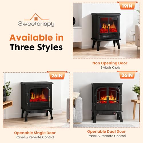 Sweetcrispy Freestanding Electric Fireplace, 26” Indoor Fireplace Heater with 3D Flame Effect, Overheating Safe Design, Energy Saving Space Heater with 12H Timer&Remote for Living Room, Bedroom Sweetcrispy