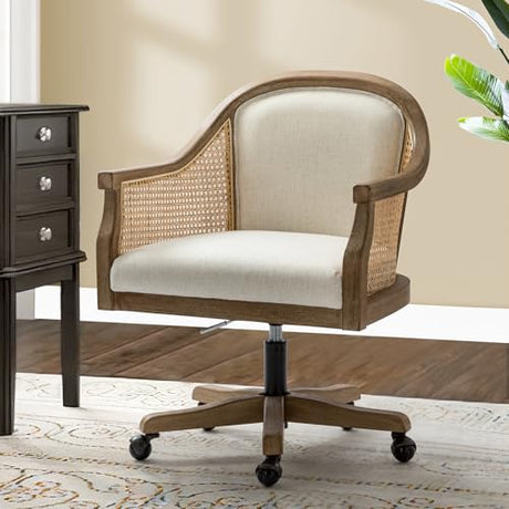 TINA'S HOME Rattan Desk Chair, Upholstered Home Office Chair with Armrest, Adjustable Swivel Rolling Height Computer Task Chair for Living Room Bedroom Study Room, Ivory TINA'S HOME