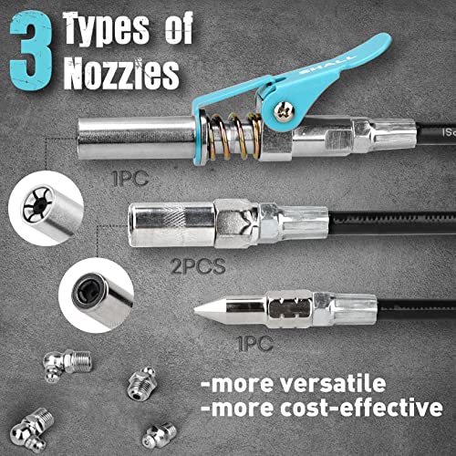 SHALL Grease Gun, 7000 PSI Heavy Duty Pistol Grip Grease Gun Kit w/Grease Gun Coupler, 18” Spring Flex Hose, Reinforced Coupler, 2 Extension Rigid Pipe, Sharp Nozzle, Fittings Cleaner | 14oz Load SHALL