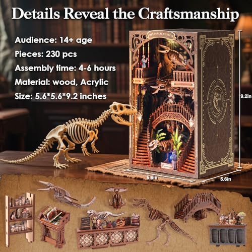 VkotaVkoty [2026 New] Dinosaur Museum Book Nook Kit with Dust Cover & LED Light, DIY Miniature House Kit Toy, 3D Wooden Puzzle Bookshelf Decor Building Kit, Birthday Gifts for Family & Friends
