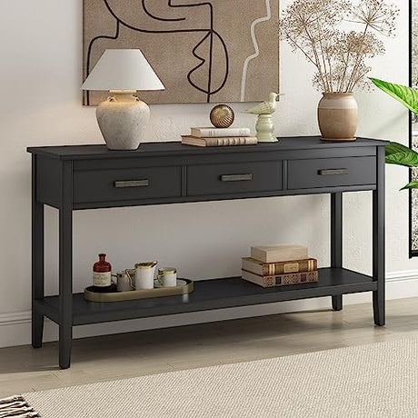 Merax Entryway Console Table with Storage, 3 Drawers Design/Wood Frame/Behind Couch & Sofa, Black Merax