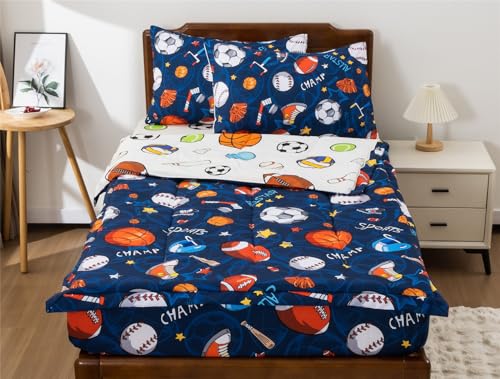 Meeting Story 3pcs Kids Comforter Sets Zipper Bedding Set for Boys,Twin Kid Bedding Set Basketball Football Baseball Comforter Sports Bedding for Kid,All in one Zipper Bedding（Navy,Twin） Meeting Story