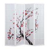 Roundhill Furniture White Japanese 4-Panel Screen Room Divider, Plum Blossom Roundhill Furniture