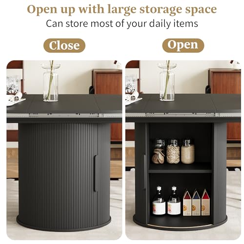 weselon 43"-59" Extendable Round to Oval Dining Table with Hidden Storage, Modern Wooden Kitchen Table with Fluted Sliding Door Cabinet, Expandable Dinner Table for Dining Room Living Room (Black) weselon