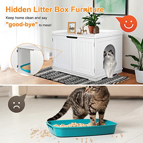 Pet Republic Hidden Cat Litter Box Enclosure Cat Litter Box Furniture Cat Washroom Cat House Table Nightstand (White) - WoodArtSupply