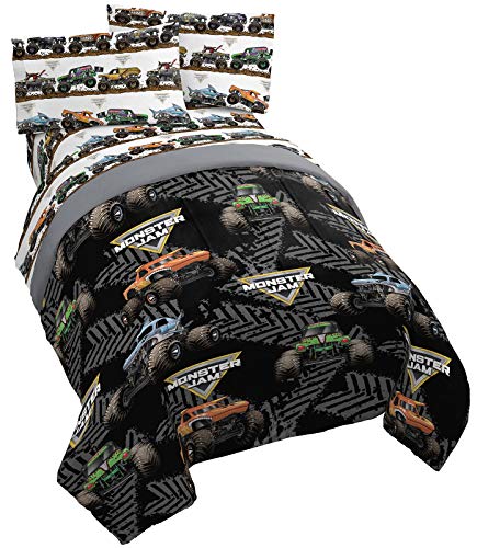 Jay Franco Monster Jam Tracks 5 Piece Full Bed Set - Includes Comforter & Sheet Set - Bedding Features Grave Digger &,Megalodon - Super Soft Fade Resistant Microfiber (Official Monster Jam Product) Jay Franco
