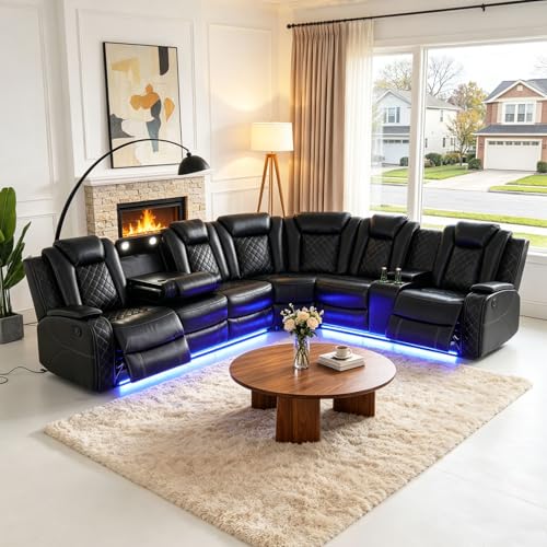 Bicerkib Leather Sectional Sofa with Recliner,Power Recliner Sectional Couches for Living Room Furniture Sets,Leather L Shaped Reclining Sofa with LED Lights/Storage Console/Cup Holders,Black