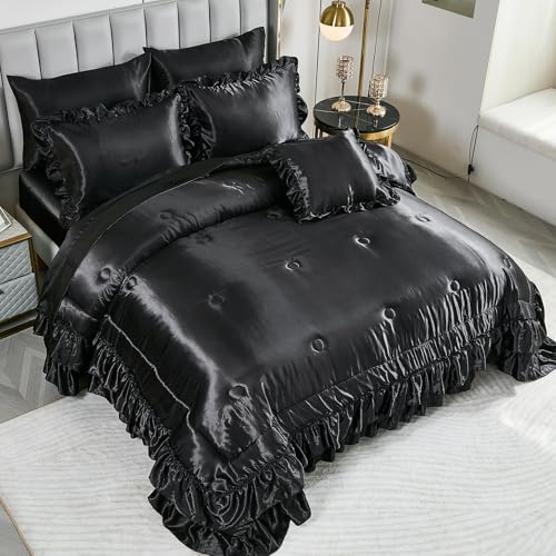 Black Satin Comforter King Size,Ruffle Bedding Set,Silk Like Satin King Comforter Set with Sheets,Silky Black Bedding Bed in a Bag,Soft Smooth Satin Sheets,8 Pcs Ruffled Luxury Comforter Set Bedbay