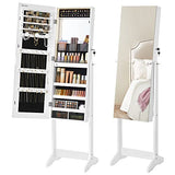 SONGMICS Mirror Jewelry Cabinet Standing Armoire Organizer, Jewelry Storage with Full-Length Frameless LED Lights, Built-in Makeup Mirror, 2 Drawers, Lockable, White UJJC023W01 SONGMICS