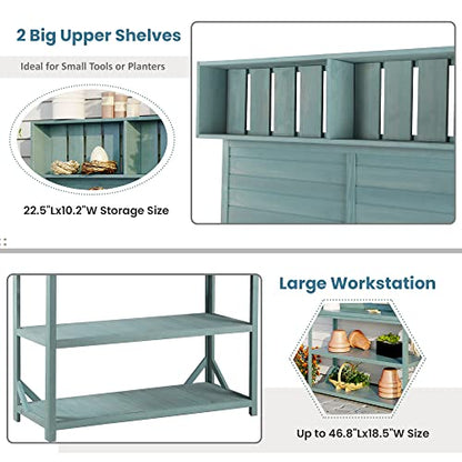 CABSETT Outdoor Potting Bench Table, 65" Large Wooden Farmhouse Rustic Garden Workstation with 4 Storage Shelves and Side Hook, for Planting, Outside, Garden Tool Shed, Green