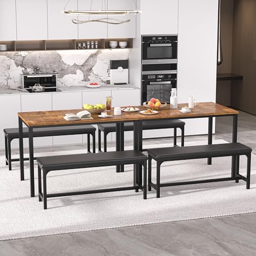 VECELO 3-Piece 63" Extendable Kitchen Table with Benches/Chairs, Modern Breakfast Dinette/Dining Room Set for 4/6/2, Small Space Saving Design, Easy Assembly VECELO