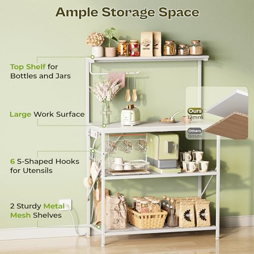 Huuger 4-Tier Bakers Rack with Reversible Power Outlet, 31.5 Inch Microwave Stand, Kitchen Coffee Bar, with Top Shelf, 6 S Hooks, White