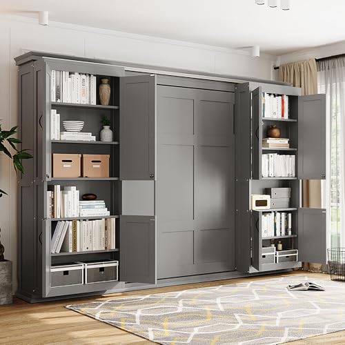XD Designs Modern Full Murphy Bed with Dual Sliding Doors Storage Cabinets, Wood Hidden Wall Bed with Dual 6-Tier Side Shelves, Large-Capacity Space-Saving (Gray-12.9) XD Designs