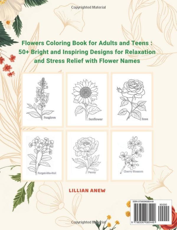 Flowers Coloring Book for Adults and Teens: 50+ Bright and Inspiring Designs for Relaxation and Stress Relief with Flower Names WoodArtSupply