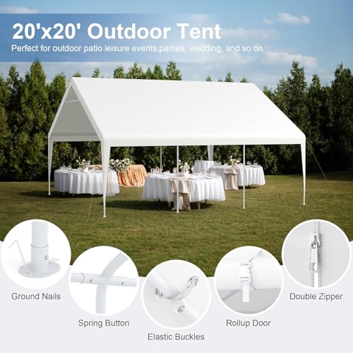 Kecreque Carport 20x20 Party Tent Heavy Duty Canopy Waterproof Outdoor Storage Shelter Portable Garage w/Removable Sidewall Windows Canopy Tent for Wedding Event Backyard Barbecues Parties, White Kecreque