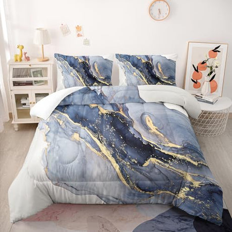 Nttopship Blue Marble Comforter Set Watercolor Marble Bedding Set Twin Size,Soft Microfiber Minimalist Wind Marble 1 Comforter with 2 Pillowcases Nttopship
