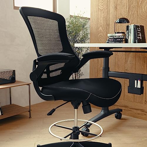 Flash Furniture Kelista Mid-Back Swivel Office Chair with Adjustable LeatherSoft Seat Height, Ergonomic Mesh Chair with Flip-Up Arms, Black Flash Furniture