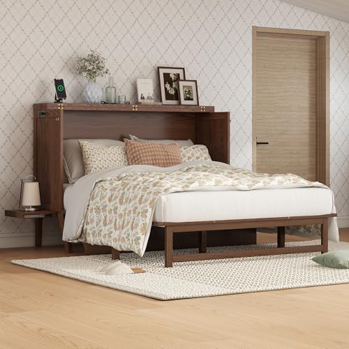 Ball & Cast Queen Size Murphy Bed W/ 2 USB Port & Power Outlets,Cabinet Bed W/Desk & 2 Removable Shelves,Wall Bed Frame for Home Office,Apartment,Guest Room,Walnut Ball & Cast