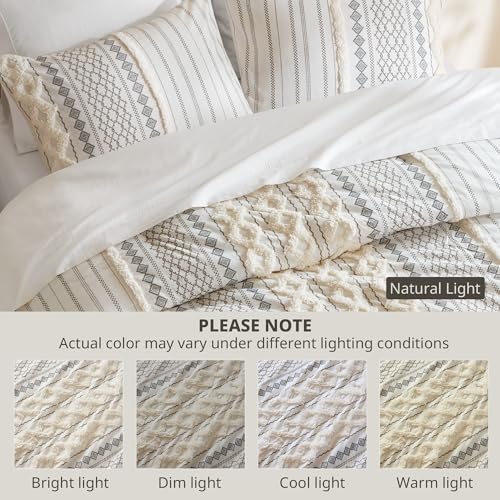 INK+IVY Comforter for Queen Size Bed, Chenille Tufted, Breathable Cotton Comforter Set Queen, All Season Modern Boho Comforter with Farmhouse Bedding Flare, 2 Matching Shams, Queen Ivory 3 Piece INK+IVY