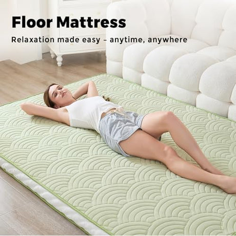 Zelladorra Japanese Floor Mattress, Quilted Futon Mattress with Anti-Slip Bottom, Foldable Floor Bed with Storage Bag and Straps, (Green, Queen) Zelladorra