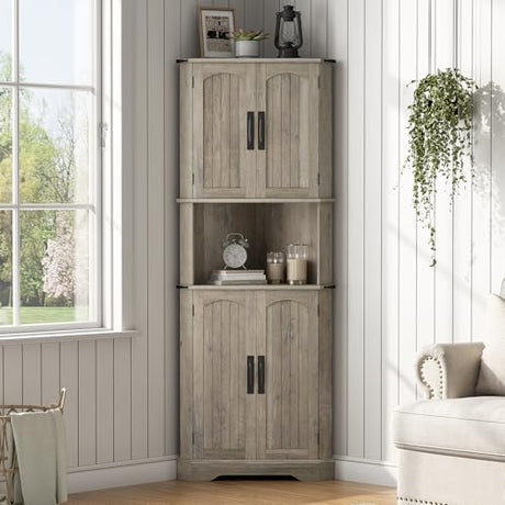 Maupvit Tall Corner Cabinet, Farmhouse Corner Storage Cabinet with 4 Barn Doors and Adjustable Shelves, Storage Pantry Cabinet for Kitchen, Living Room, Laundry Room, Grey Maupvit