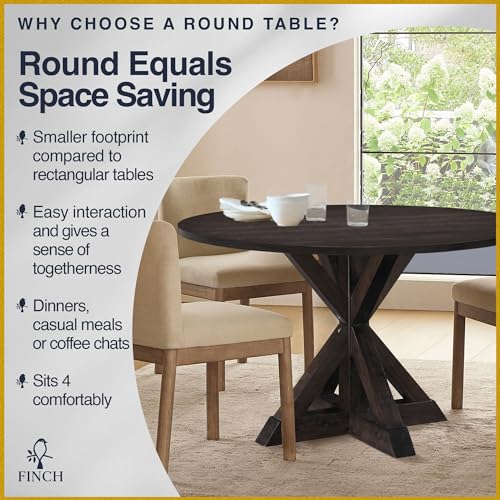 Finch Alfred Round Solid Wood Rustic Dining Table for Farmhouse Kitchen Room Decor, Wooden Trestle Pedestal Base, 46.5" Wide Circular Tabletop, Distressed Dark Brown Finch
