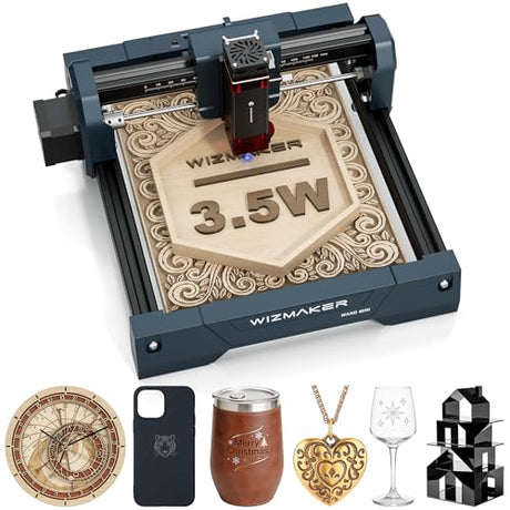 WIZMAKER 3.5W Laser Engraver, DIY Laser Engraver, Spot Size 0.04mm, Engraving Speed 12000 mm/min, Supports WiFi/Hotspot/USB, Suitable for Wood, Leather, Acrylic, and Glass Materials WIZMAKER
