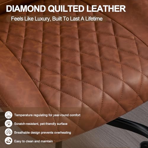 E-Motie Home Office Desk Chair, Ergonomic High Back Leather Computer Chair with Lumbar Support, Adjustable Height & Recline, Swivel Executive Office Chair with Armrests and Rubber Casters, Brown E-Motie
