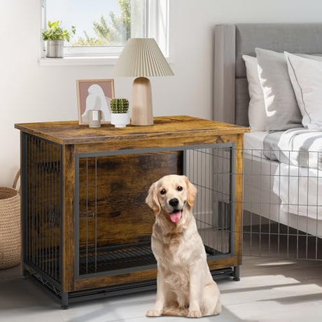 JY QAQA Dog Crate Furniture, Wooden Dog Crate Table, Dog's Furniture with Double-Doors, Indoor Dog Kennel, Dog Cage/Brown/XL JY QAQA PET